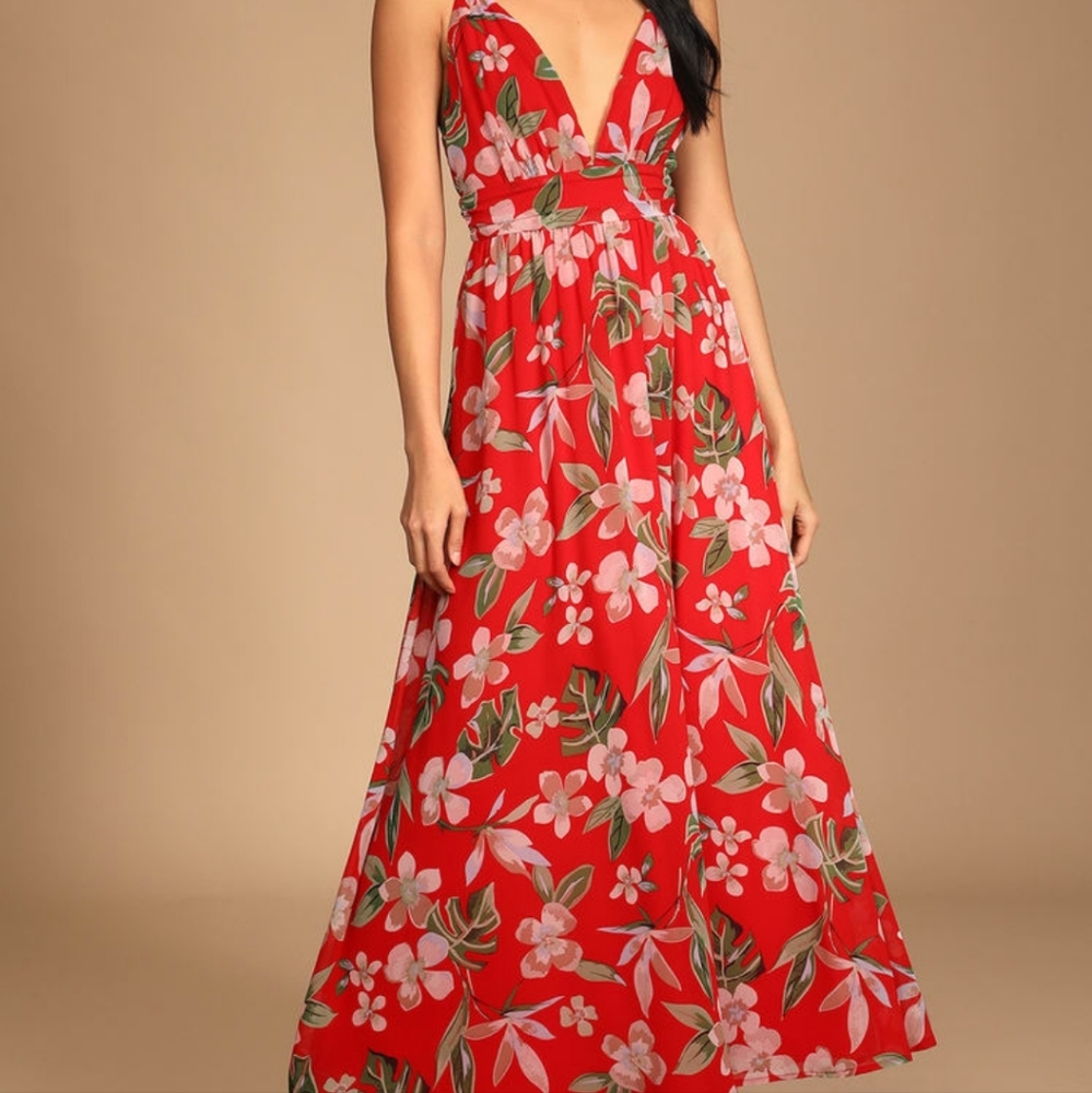 Red Tropical Print Maxi Dress